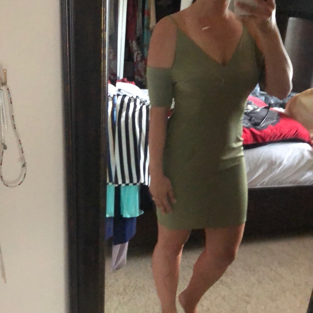 Olive off shoulder, bodycon dress